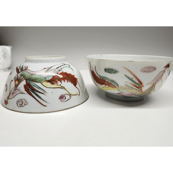 Handpainted Dragonware Vintage Porcelain Rice Bowls Gold Detail Dragon - Picture 6 of 13